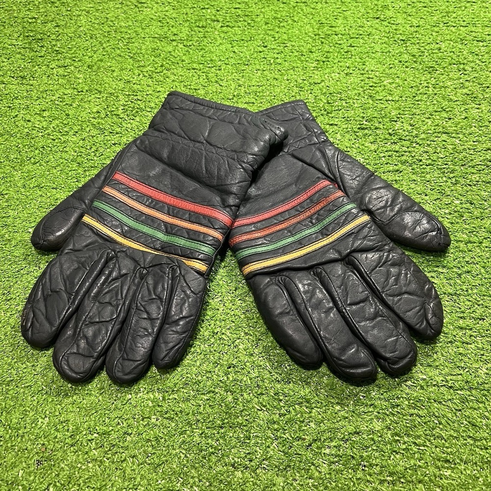 Vintage Grandoe Leather Ski Gloves LG Rainbow Blue Sherpa Lined Snow 80s